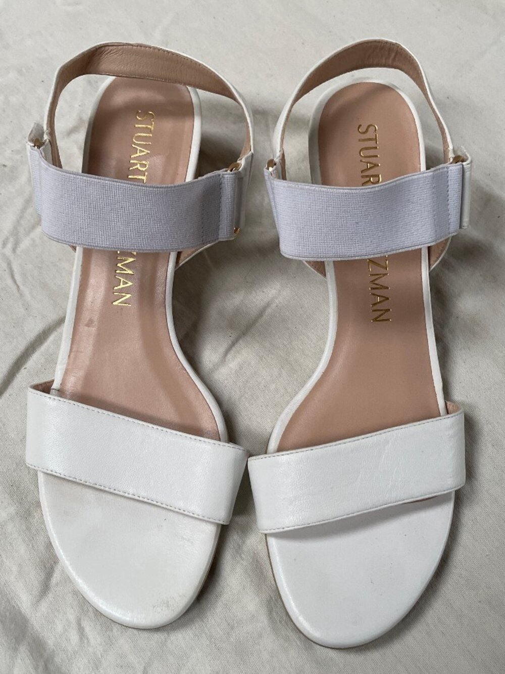 Stuart Weitzman White Leather Elastic Strap Block Heel Sandals Size 8.5